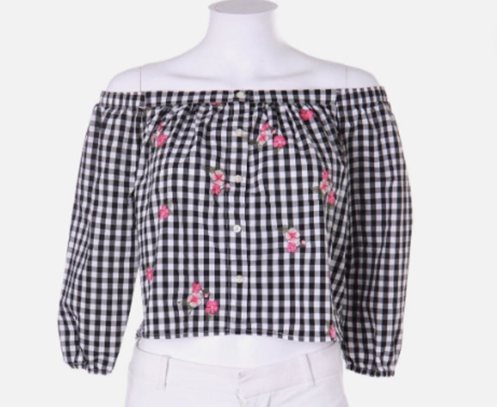 Hollister Top Black White Gingham Check Cropped Blouse Flower Embroidered S